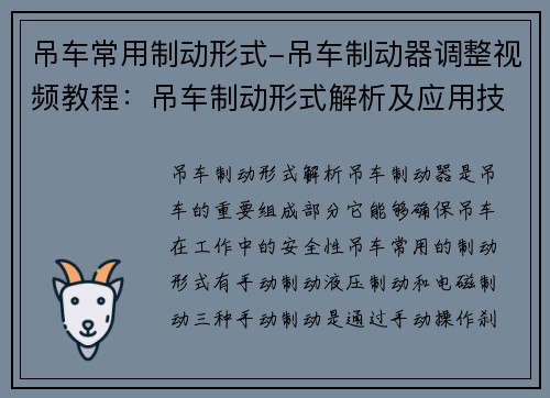 吊车常用制动形式-吊车制动器调整视频教程：吊车制动形式解析及应用技巧